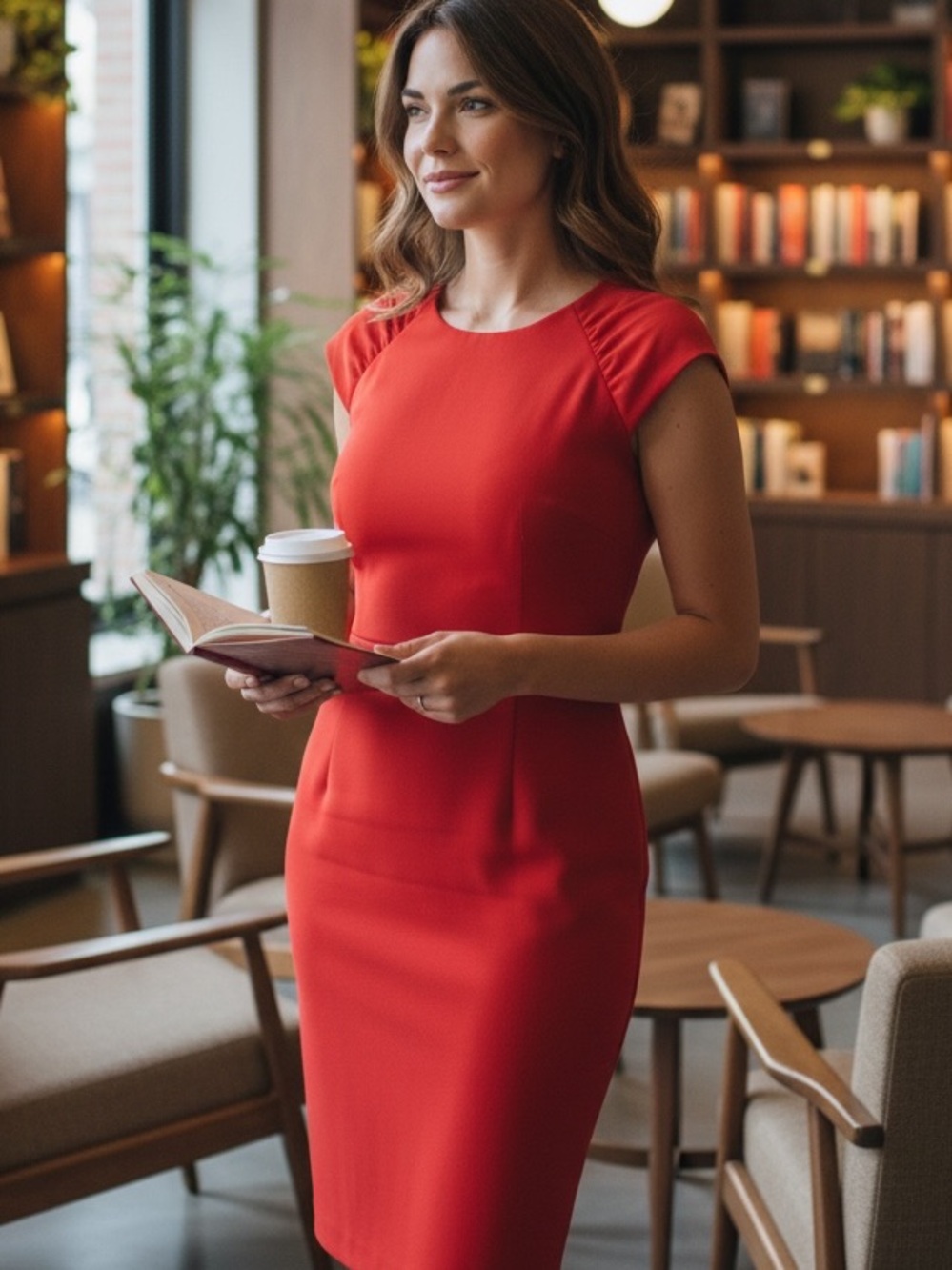 Calvin Klein Red Cap-Sleeve Midi Sheath Dress